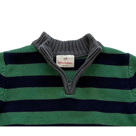 Hanna Andersson 110 Boys 4-5 Navy Green Striped Cotton 1/4 Zip Sweater - Picture 2 of 6